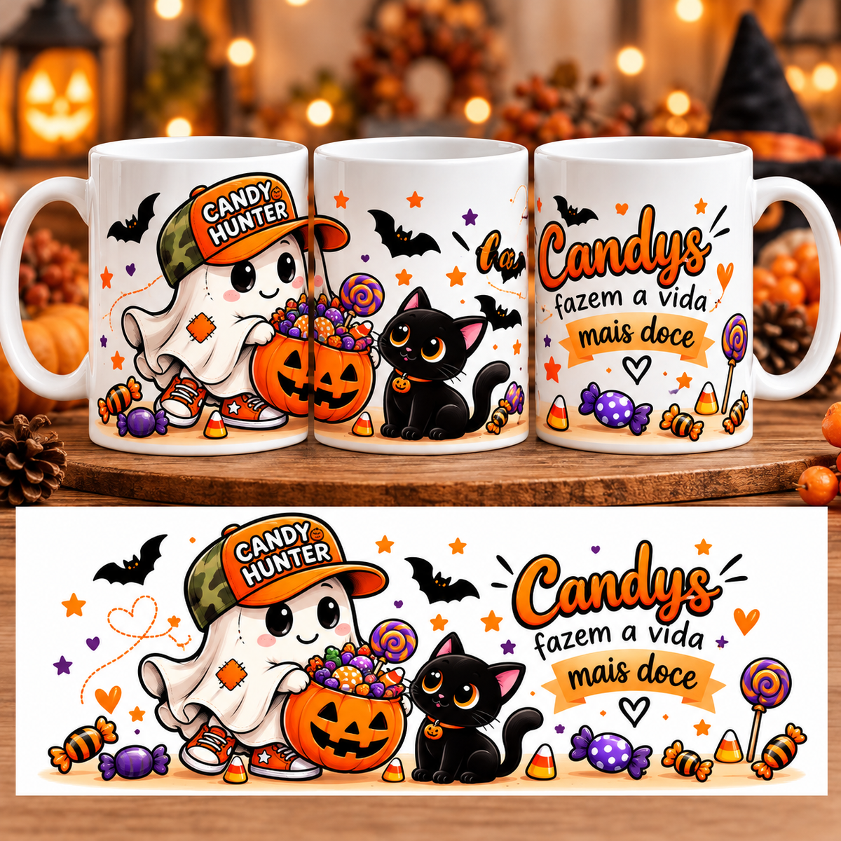 Caneca de Halloween Candy Hunter vista de três lados e desenho completo com fantasminha, gato preto, doces e a frase Candys fazem a vida mais doce