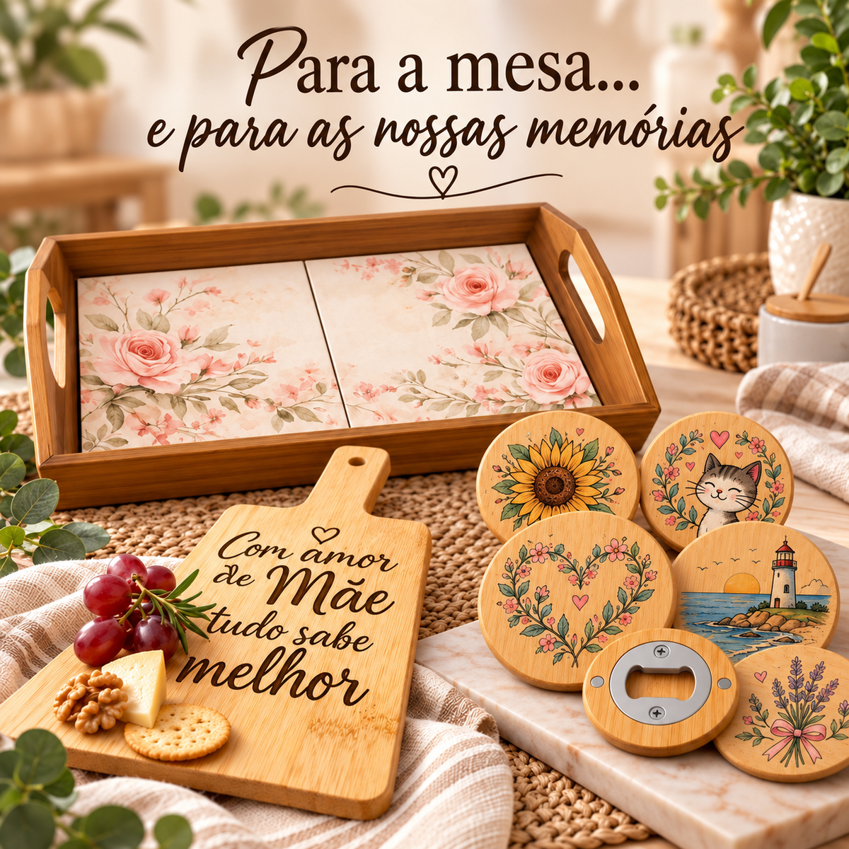 Pack presente personalizado para a mesa com tabuleiro de azulejos com rosas, tábua de queijos em bambu com a frase Com amor de Mãe tudo sabe melhor e abre-garrafas em bambu