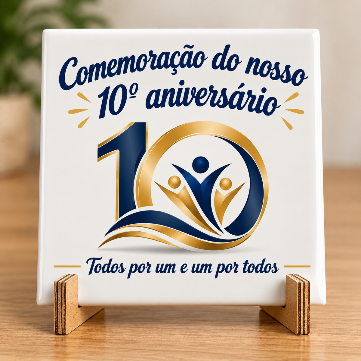 Azulejo comemorativo do 10.º aniversário de uma empresa, com logótipo azul e dourado, em suporte de MDF — Creat4you