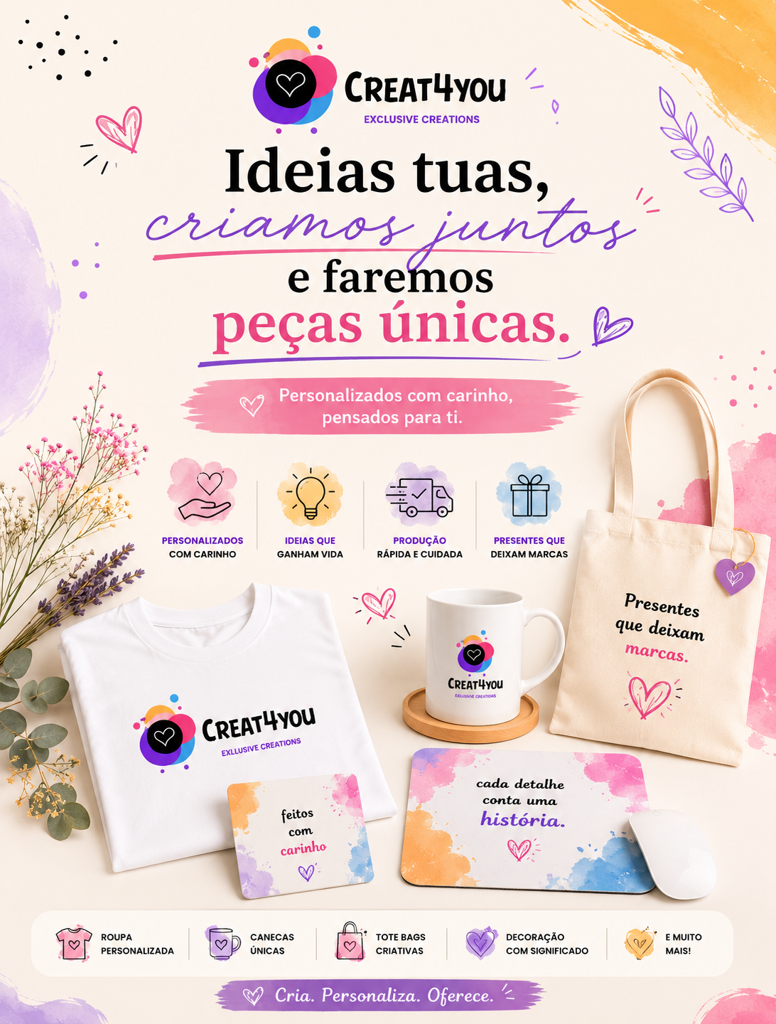 Imagem promocional em tons pastel com diversos produtos personalizados, incluindo canecas, t-shirts, almofadas, molduras e garrafas, com fotografias e nomes personalizados, representando a criação de memórias através de presentes únicos e personalizados.