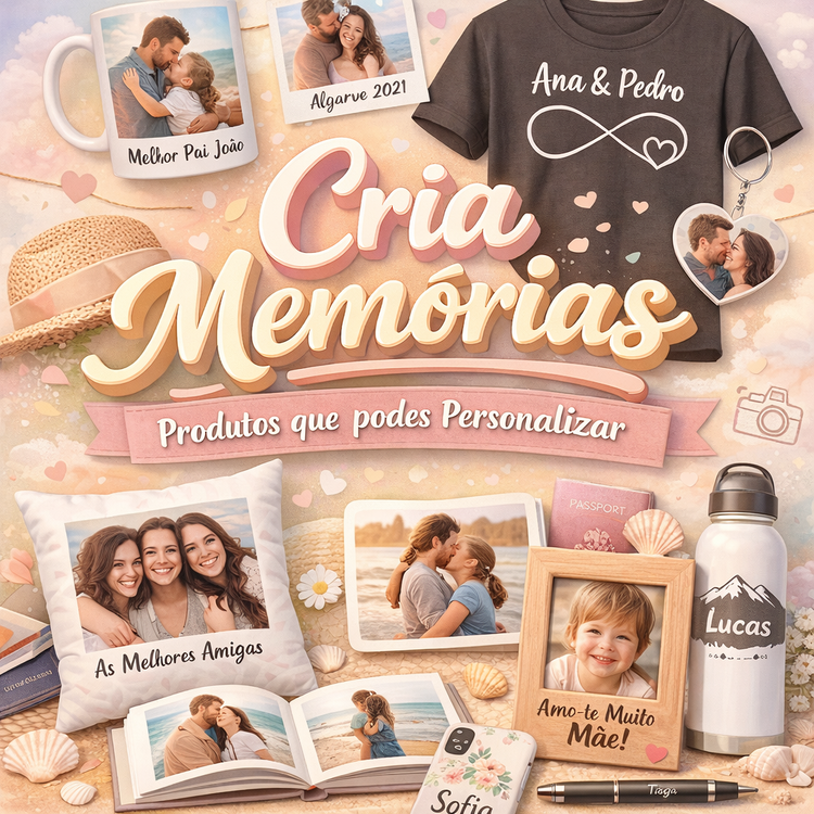 Imagem promocional em tons pastel com diversos produtos personalizados, incluindo canecas, t-shirts, almofadas, molduras e garrafas, com fotografias e nomes personalizados, representando a criação de memórias através de presentes únicos e personalizados.