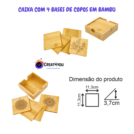 Caixa com Bases para Copos em Bambu | Presente Personalizado
