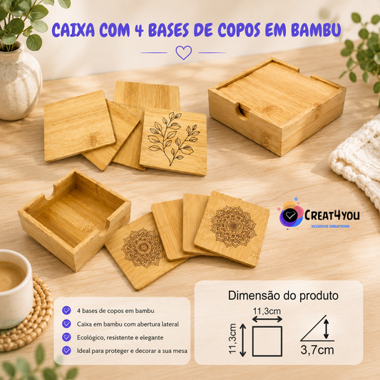 Caixa com Bases para Copos em Bambu | Presente Personalizado
