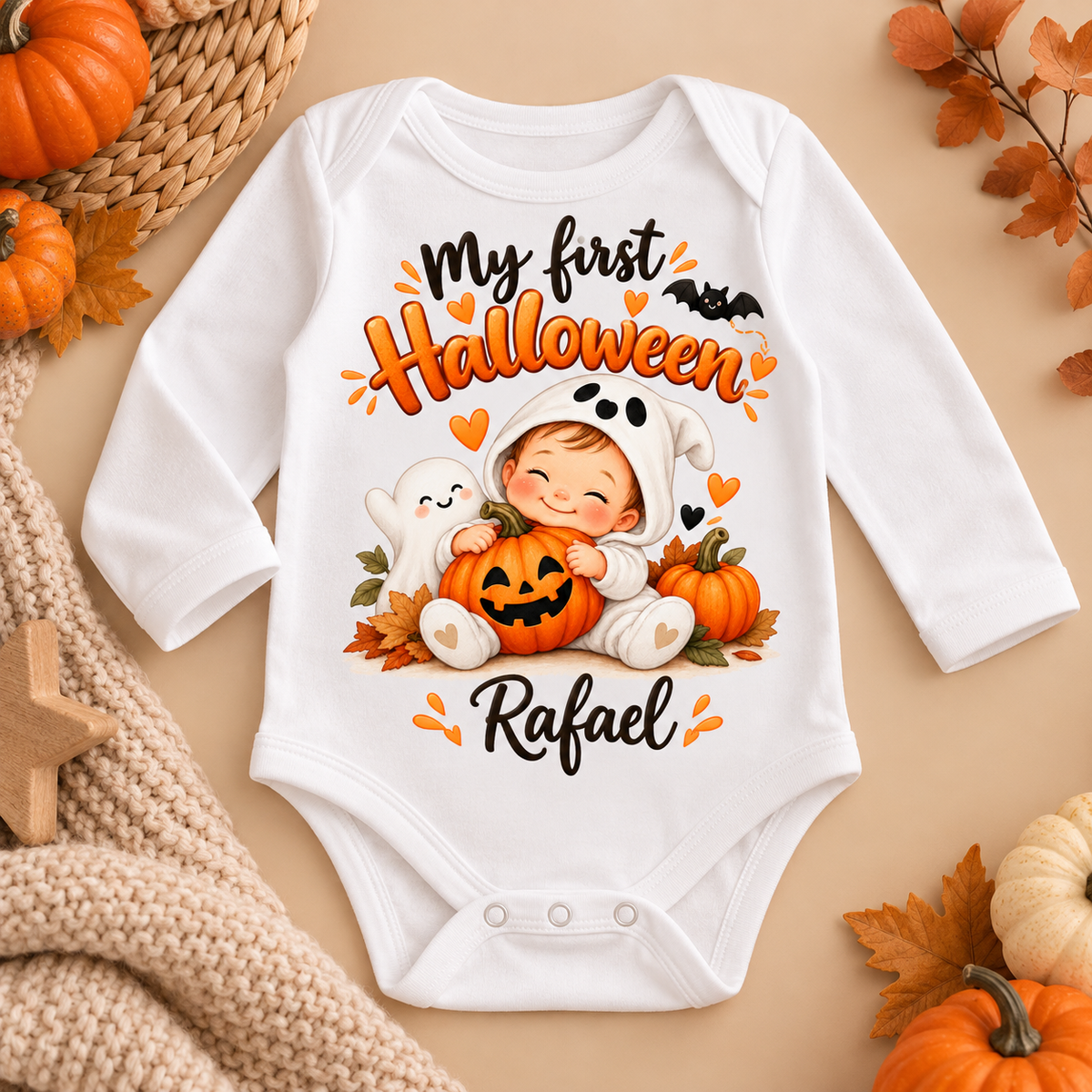 Body Bebé O Meu Primeiro Halloween – Fantasma com Nome
