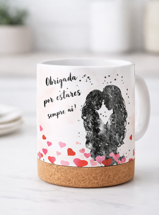 Caneca de Grês "Mãe Obrigada" com Base em Cortiça