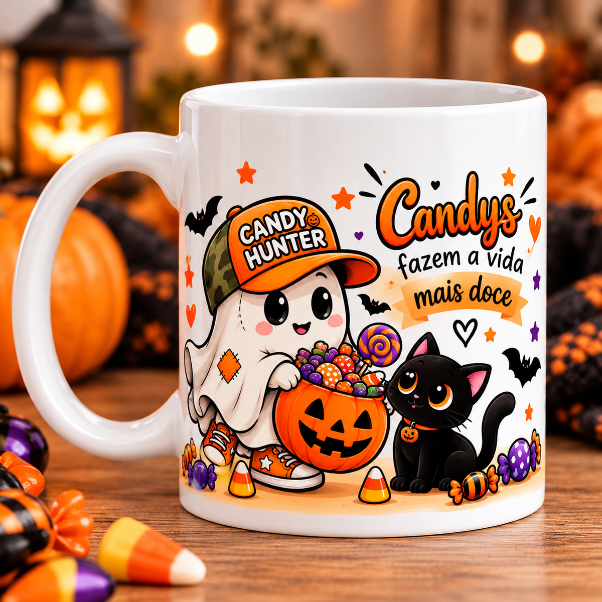 Caneca branca de Halloween com fantasminha Candy Hunter de boné laranja, abóbora cheia de doces, gato preto e a frase Candys fazem a vida mais doce