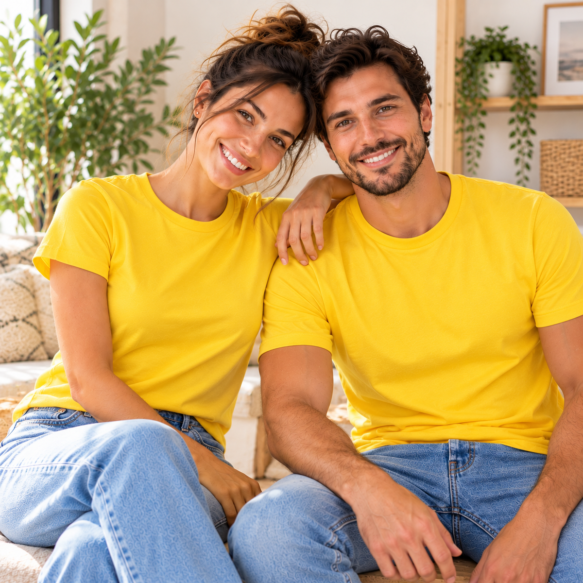 Casal sorridente com t-shirts amarelas personalizadas — Creat4you