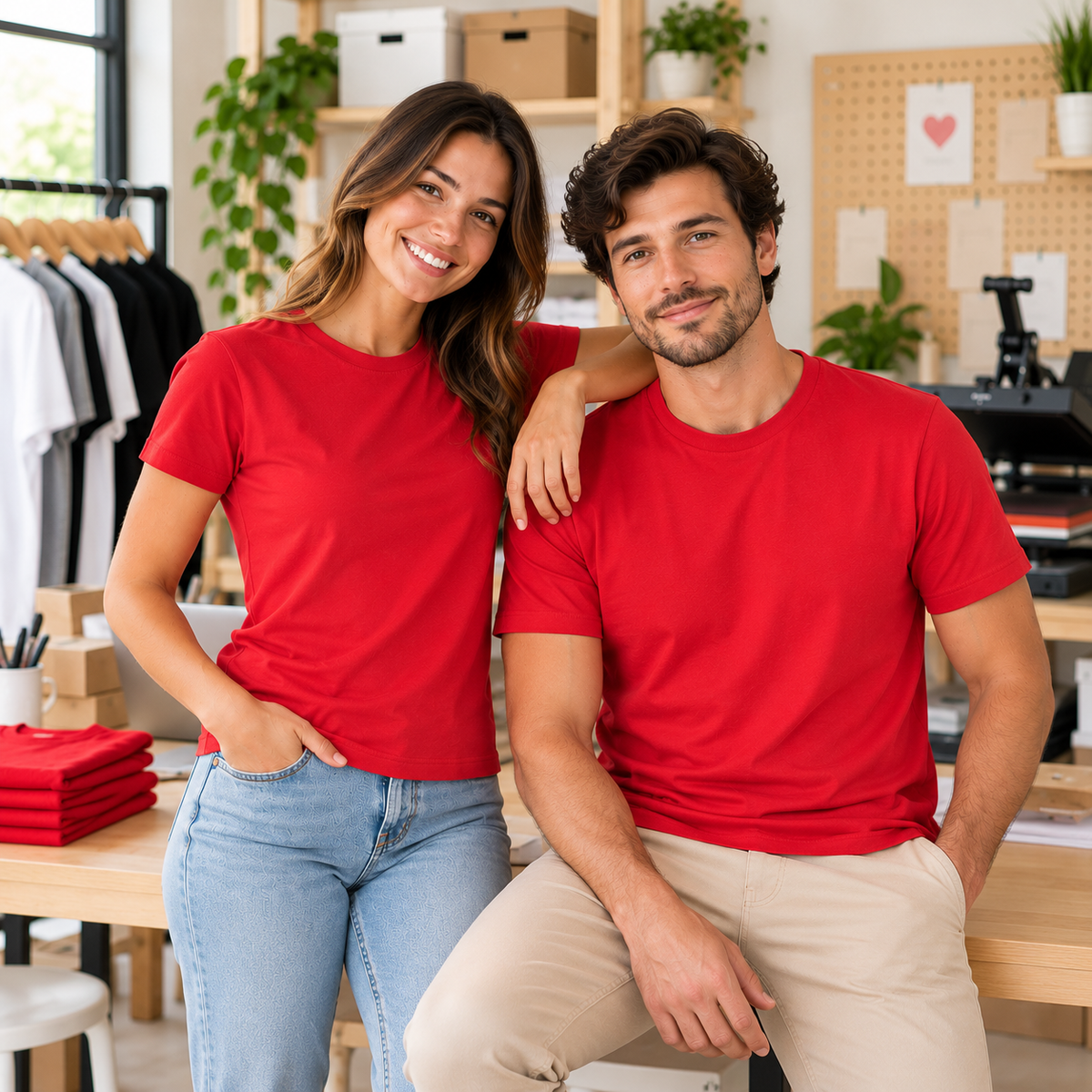 Casal com t-shirts personalizadas num estúdio criativo — Creat4you