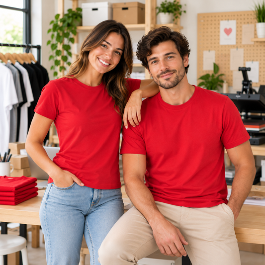 Casal com t-shirts personalizadas num estúdio criativo — Creat4you