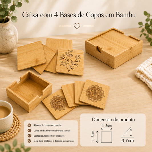 Caixa com Bases para Copos em Bambu | Presente Personalizado
