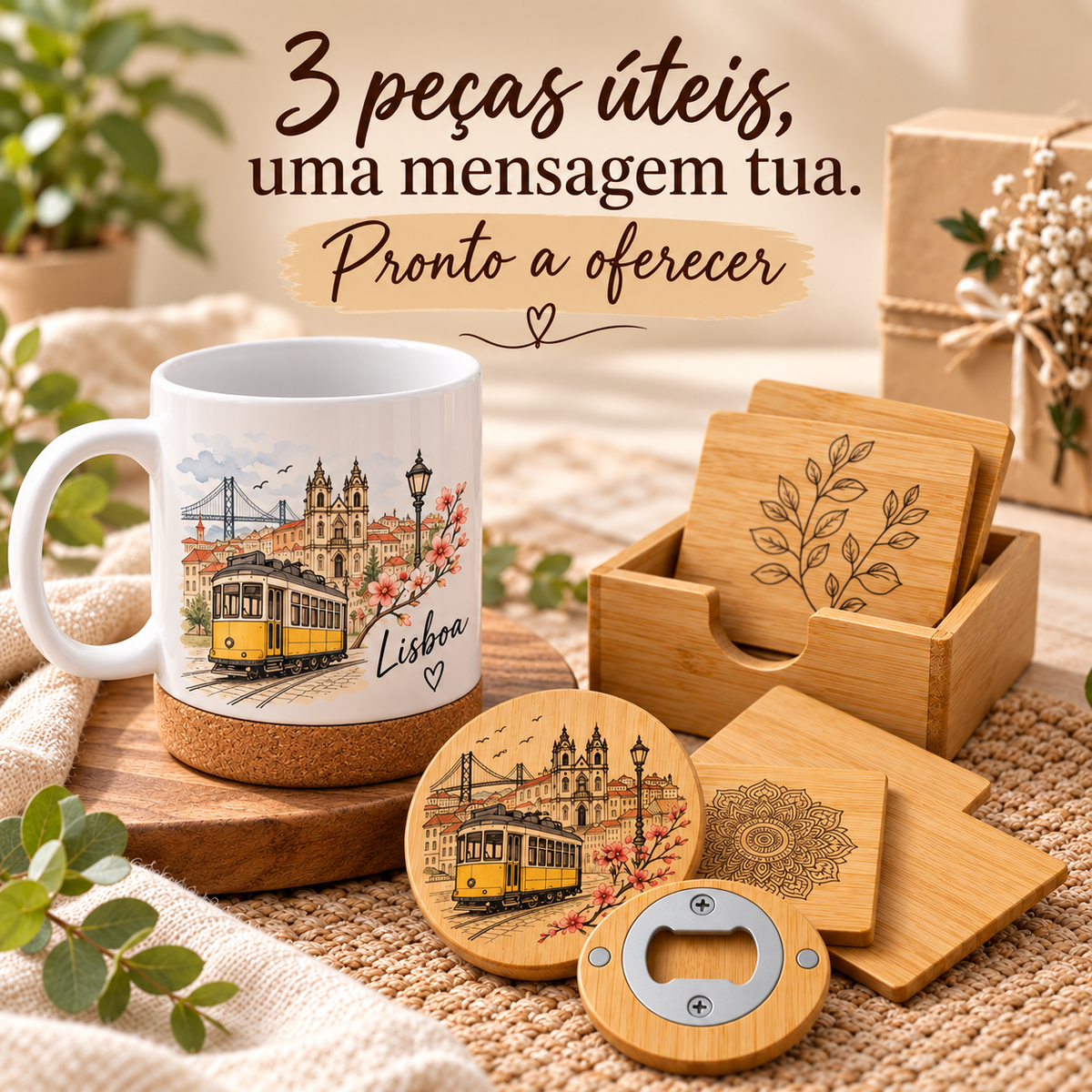 Pack presente personalizado com caneca de cerâmica com base em cortiça, caixa com 4 bases para copos e abre-garrafas em bambu, com ilustração de Lisboa e elétrico amarelo