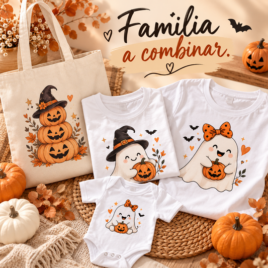 Pack família de Halloween com duas t-shirts brancas e body de bebé com fantasmas e abóboras, e saco de algodão cru com abóboras empilhadas
