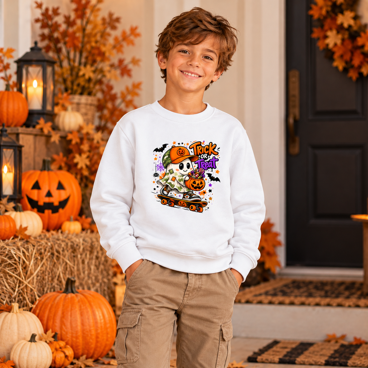 Menino com sweatshirt branca de Halloween com fantasma de skate e a frase Trick or Treat, junto a abóboras
