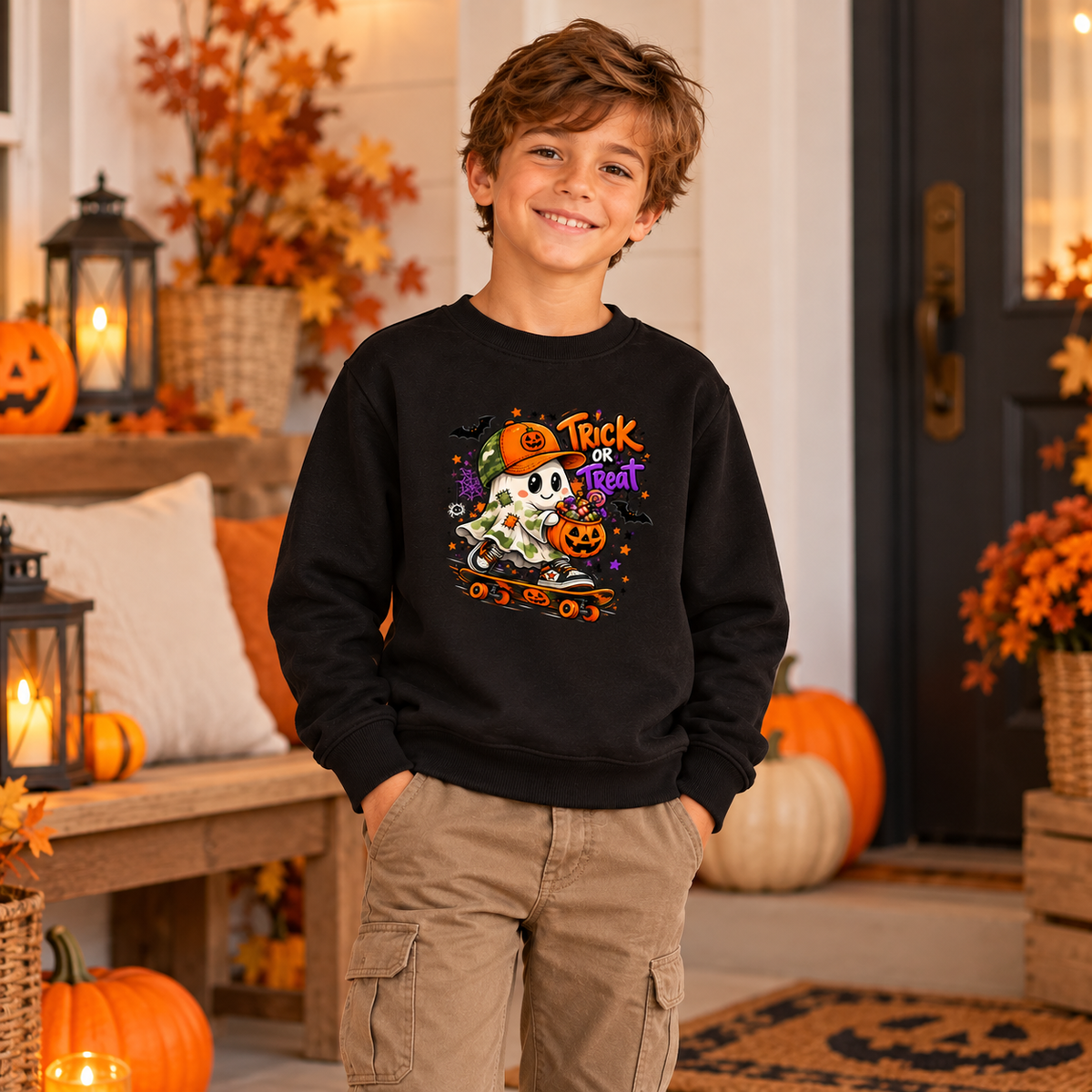 Criança com sweatshirt de Halloween Trick or Treat num alpendre decorado de outono