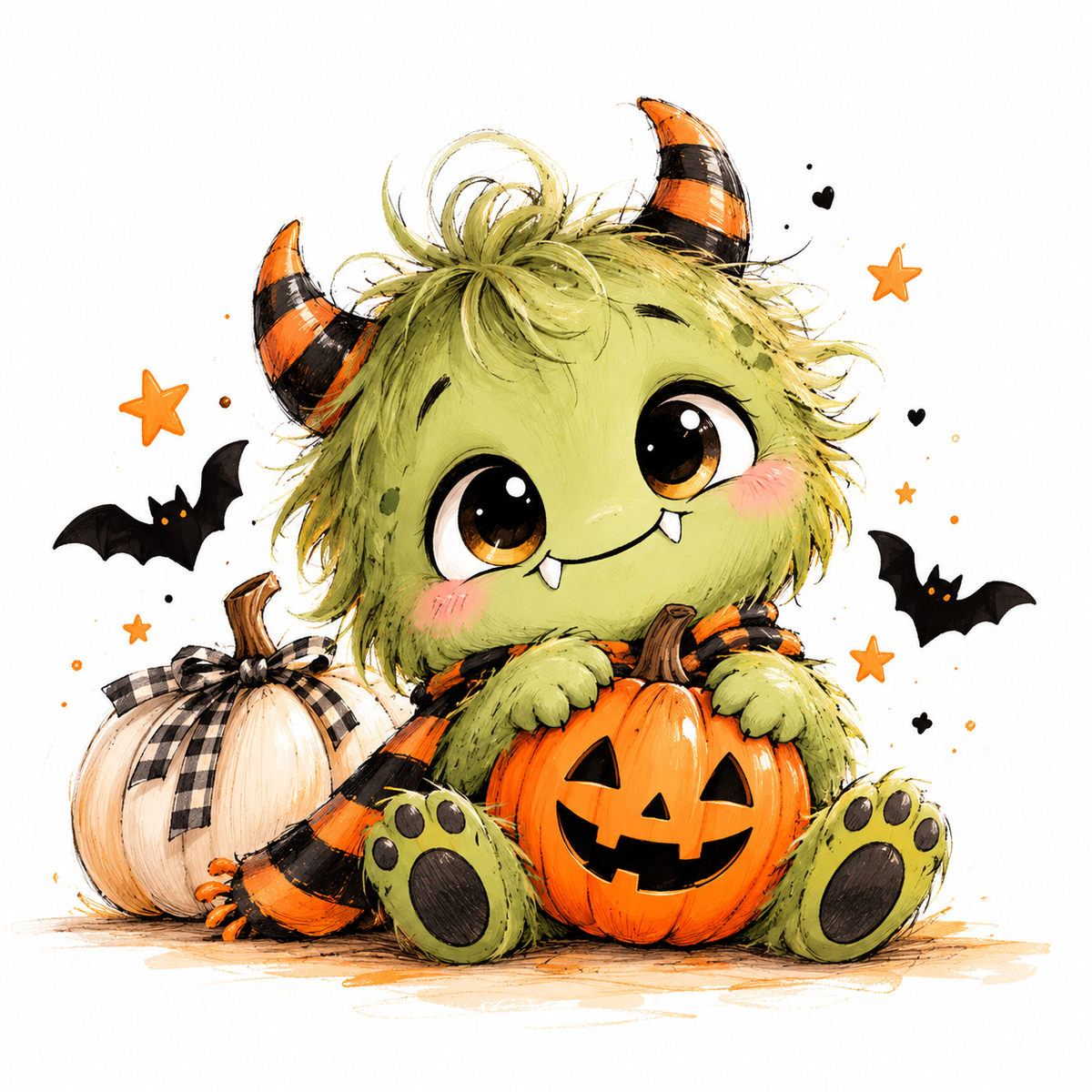 Estampa Pequeno Monstro: monstrinho fofo com abóbora de Halloween