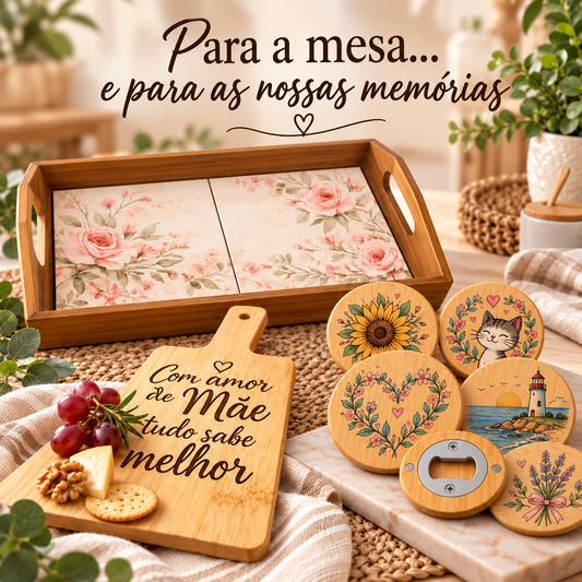 Pack presente personalizado para a mesa com tabuleiro de azulejos com rosas, tábua de queijos em bambu com a frase Com amor de Mãe tudo sabe melhor e abre-garrafas em bambu