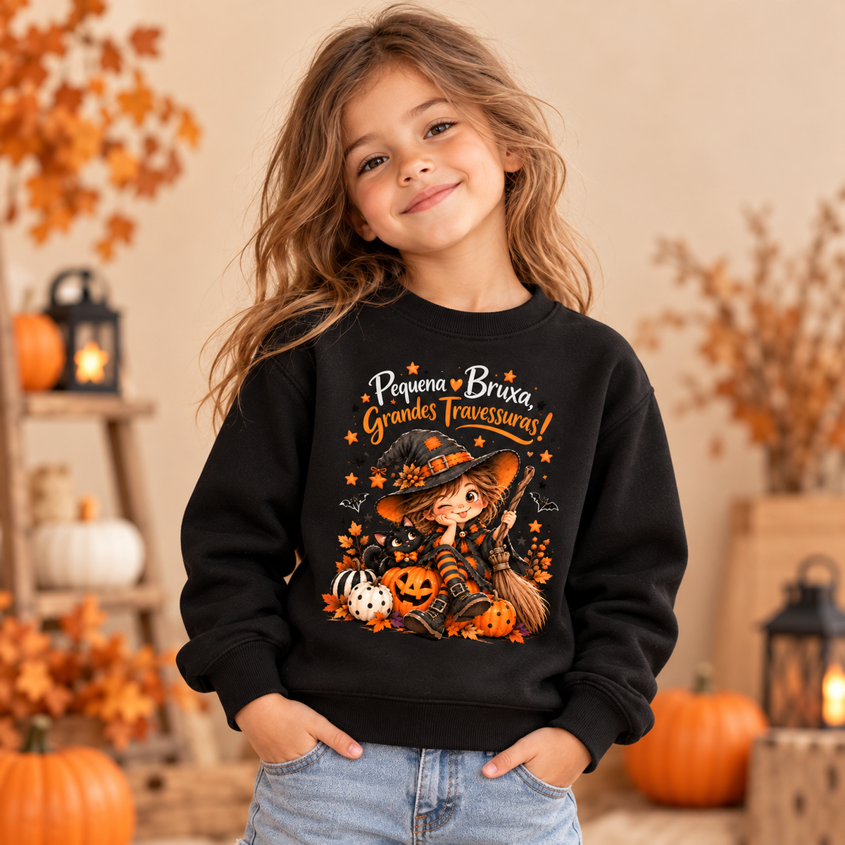 Sweatshirt de criança Pequena Bruxa em ambiente de outono