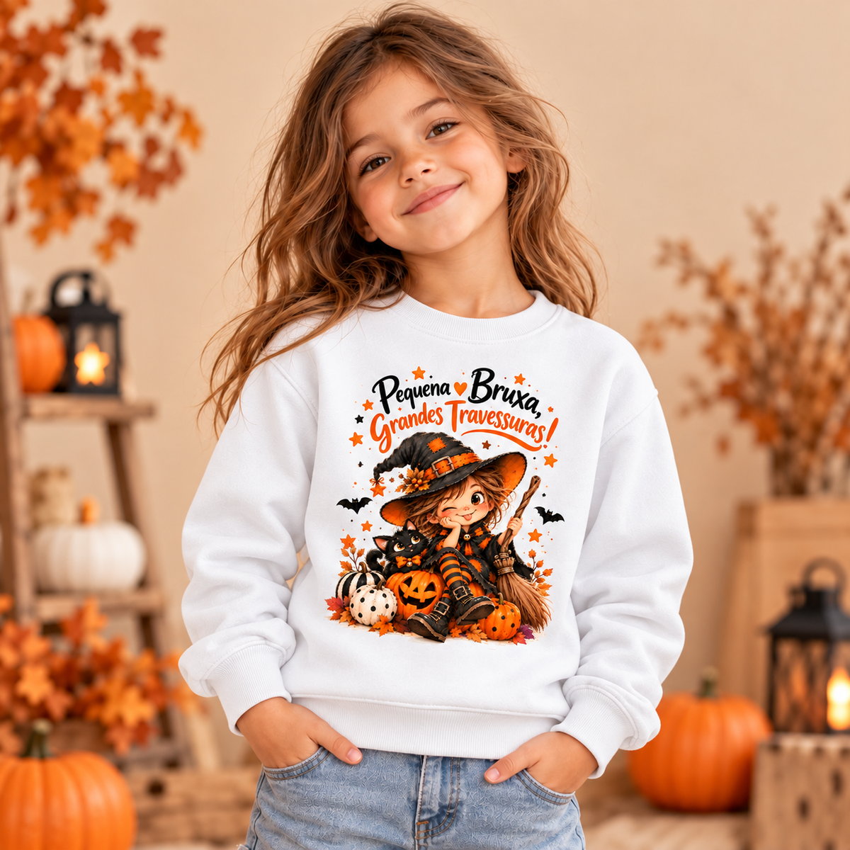 Menina com sweatshirt branca Pequena Bruxa, Grandes Travessuras, com bruxinha, gato preto e abóboras