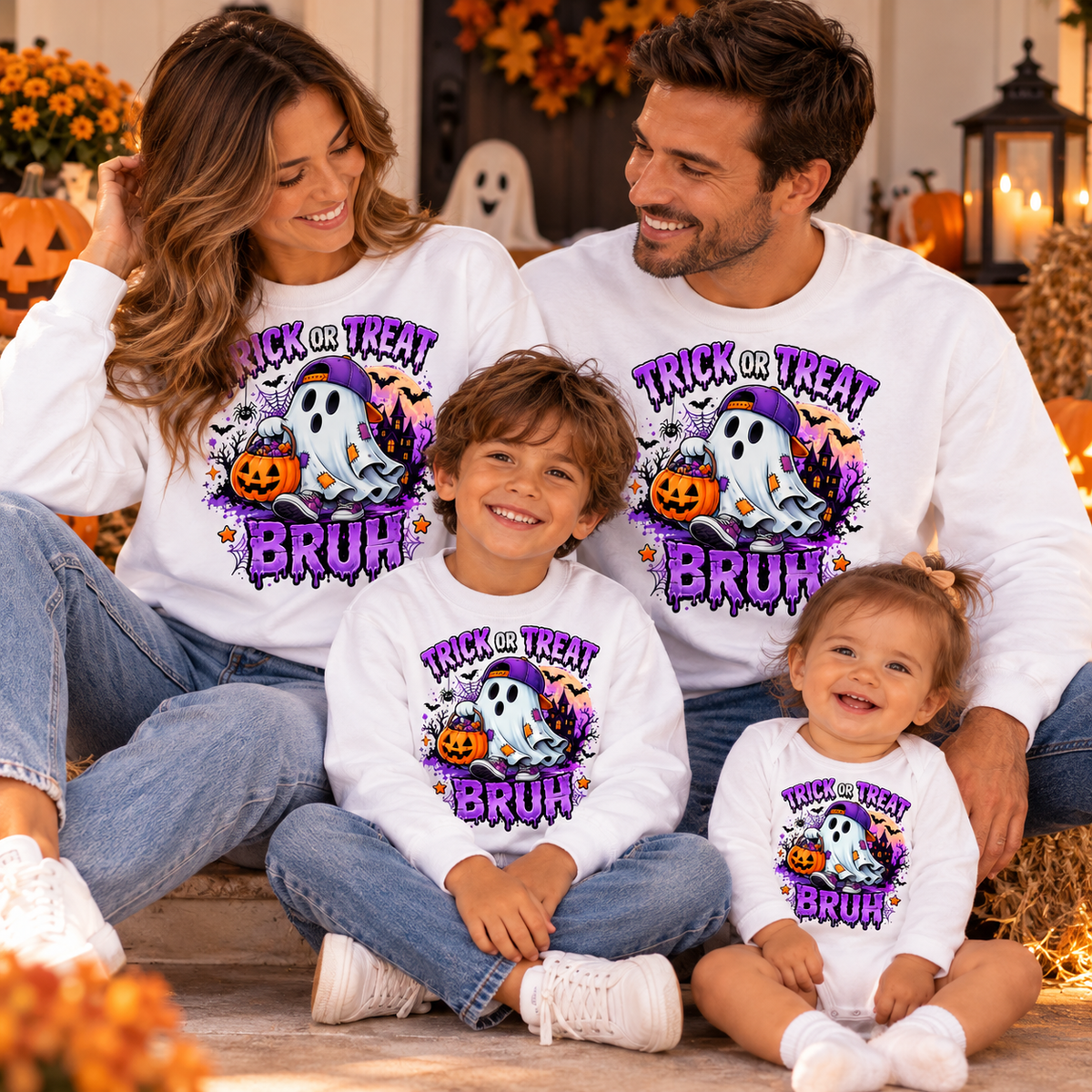 Família com sweatshirts brancas de Halloween a combinar, com fantasma de boné roxo e a frase Trick or Treat Bruh, e bebé com body igual