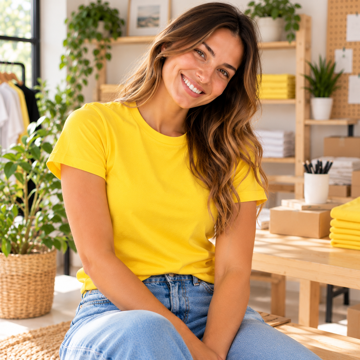 Retrato acolhedor com t-shirt personalizada num estúdio criativo — Creat4you