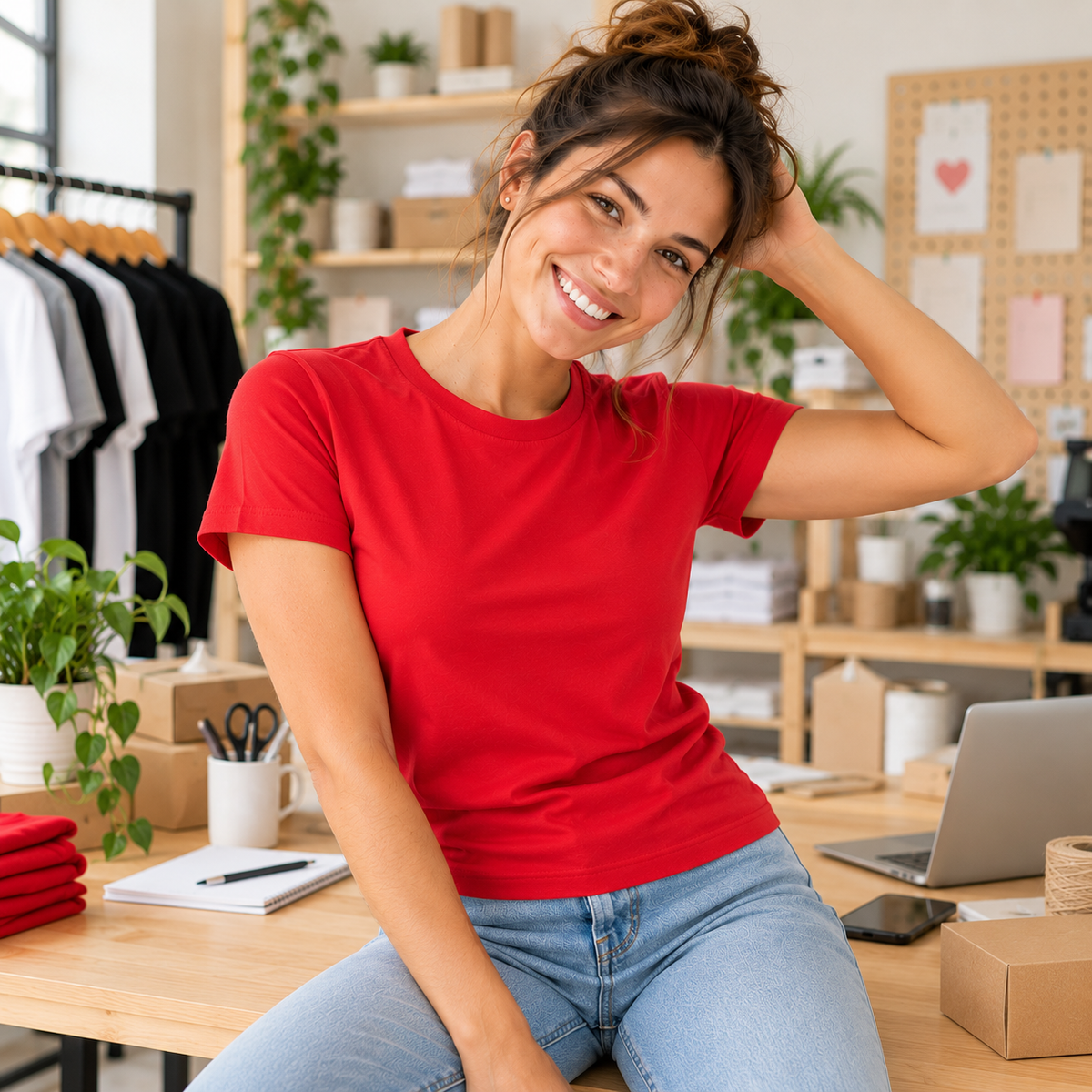 Retrato alegre com t-shirt personalizada num estúdio criativo — Creat4you