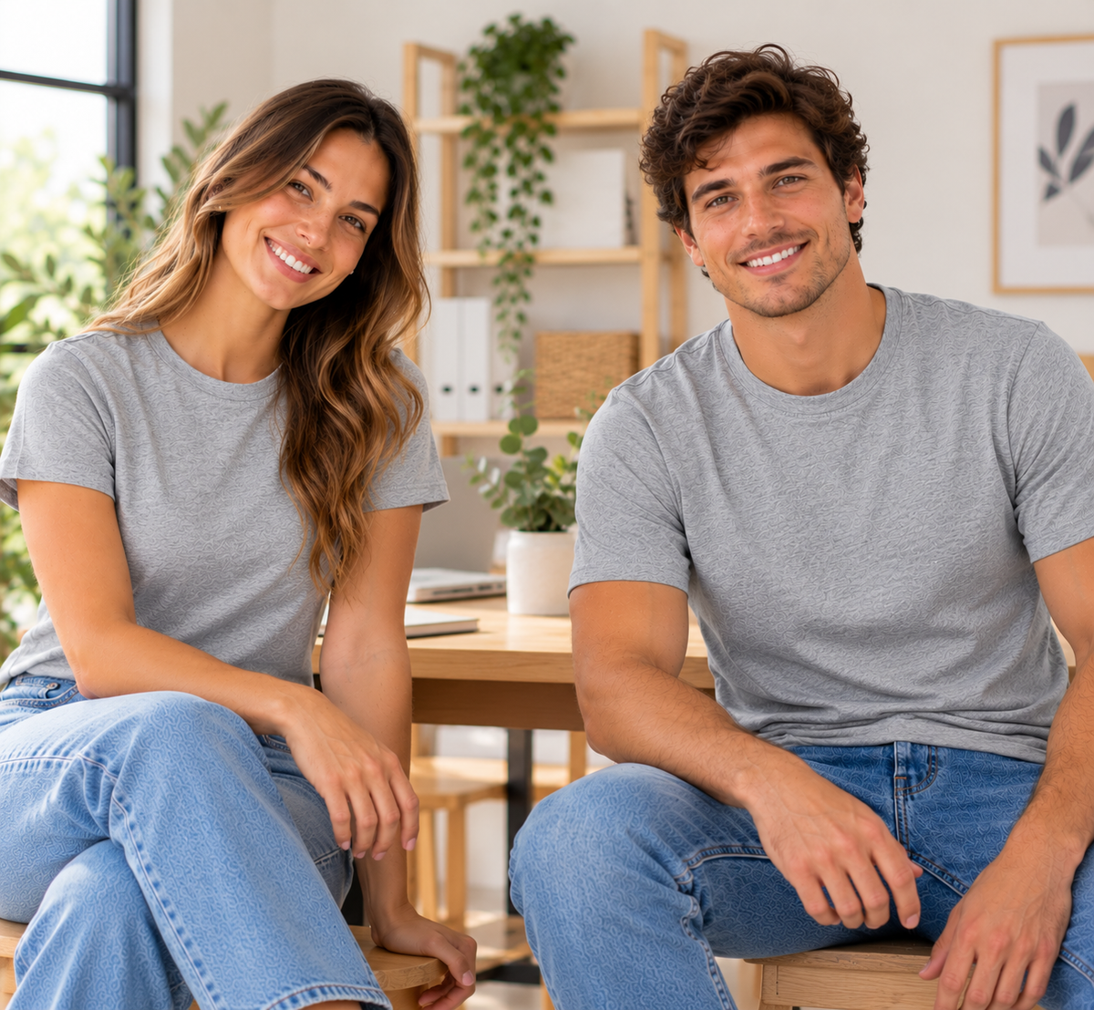 Retrato casual com t-shirt personalizada num estúdio moderno — Creat4you