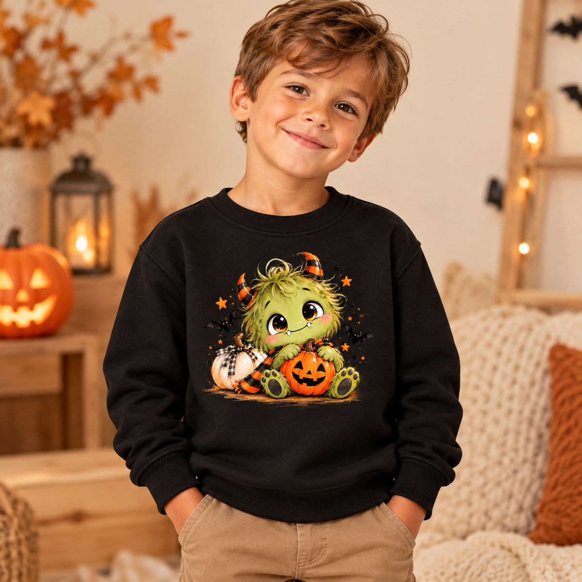 Menina com sweatshirt branca de Halloween com monstrinho verde fofo abraçado a uma abóbora