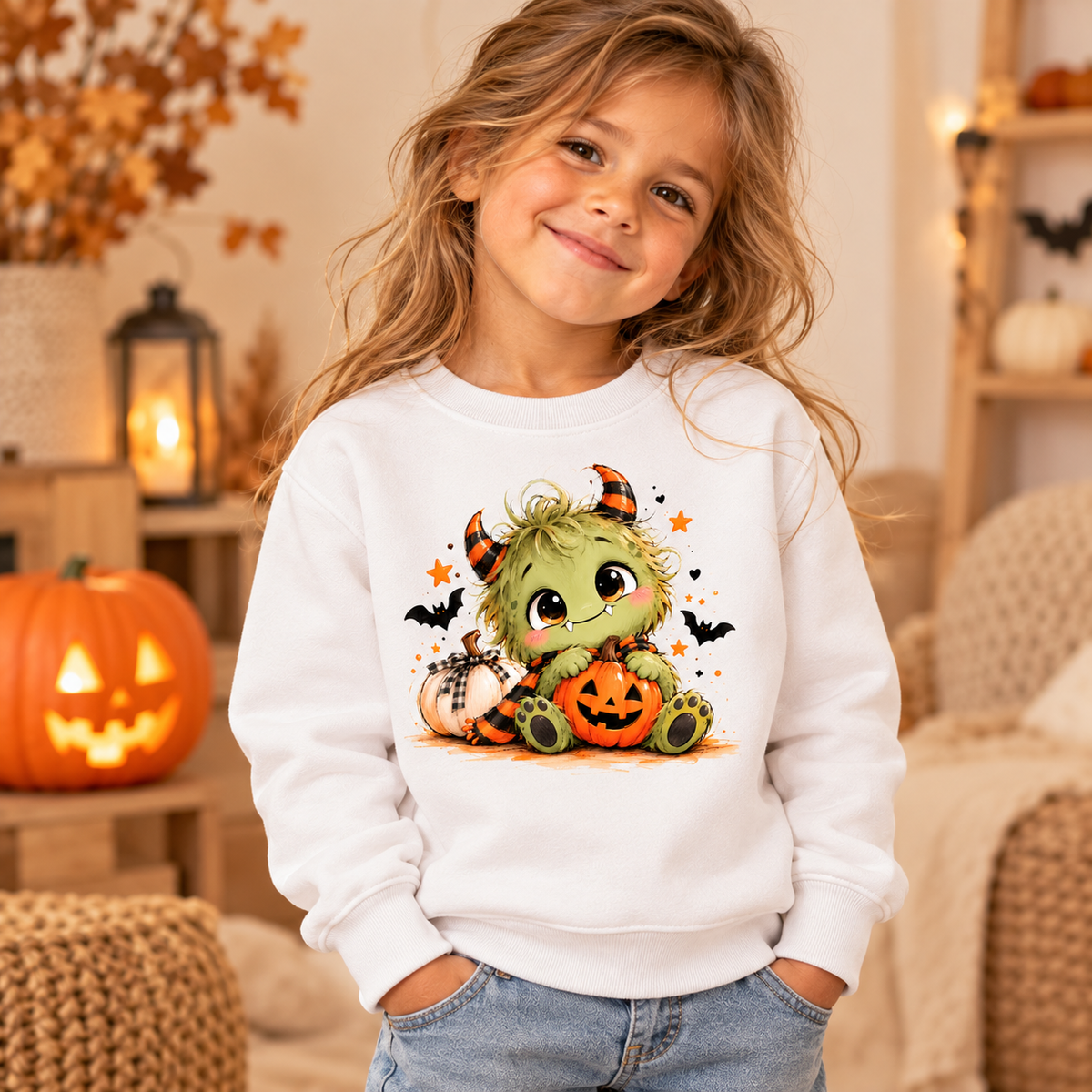 Criança com sweatshirt de Halloween num ambiente acolhedor de outono