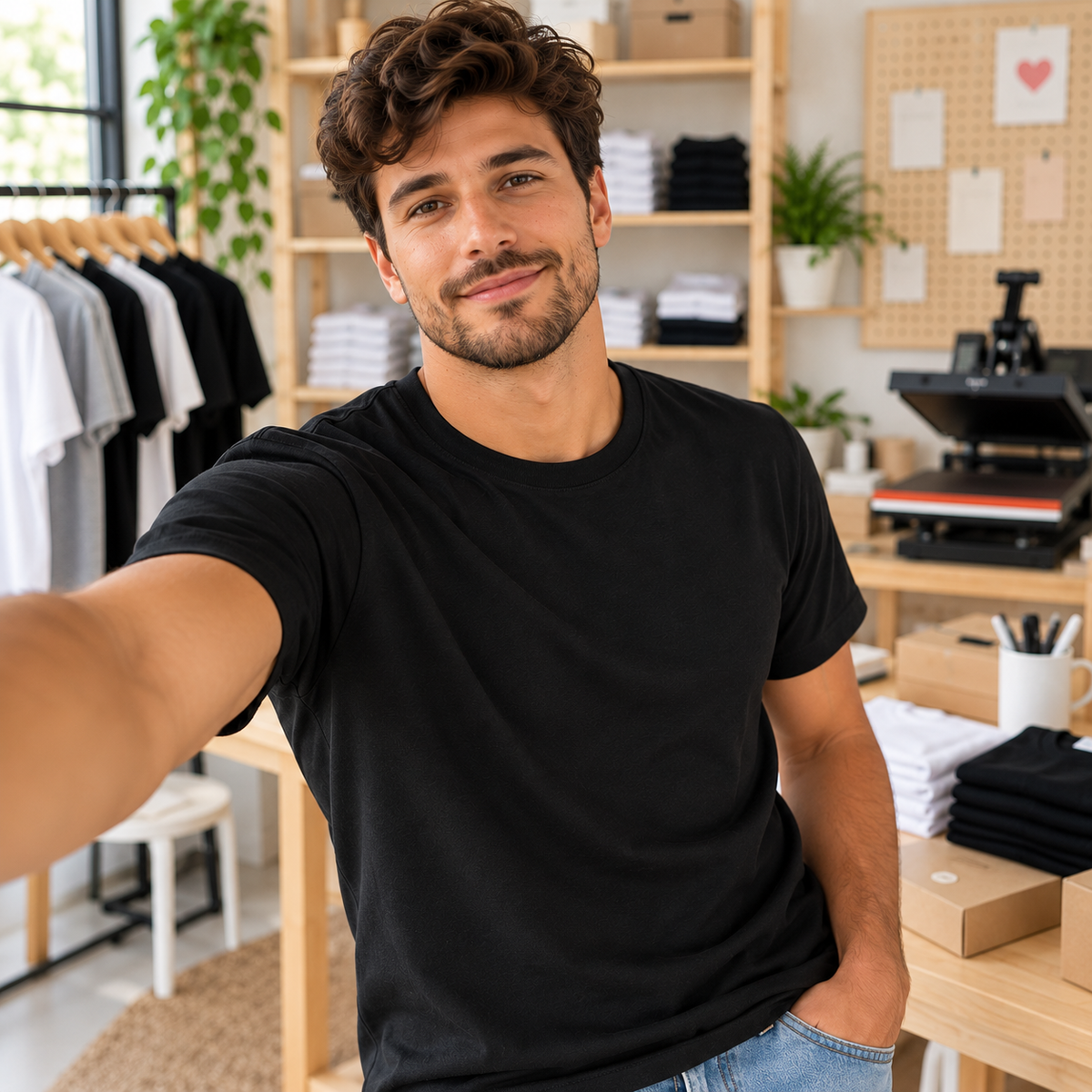 Selfie com t-shirt personalizada num estúdio criativo — Creat4you