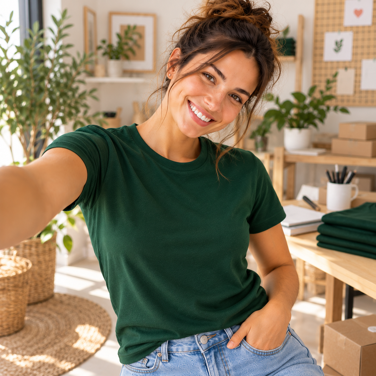 Selfie com t-shirt personalizada num estúdio acolhedor — Creat4you