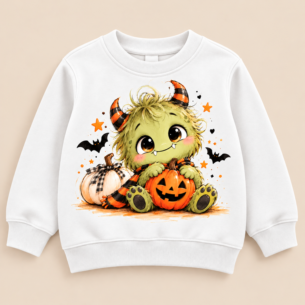Sweatshirt de criança com estampa Pequeno Monstro: monstrinho verde com cornos às riscas e abóbora