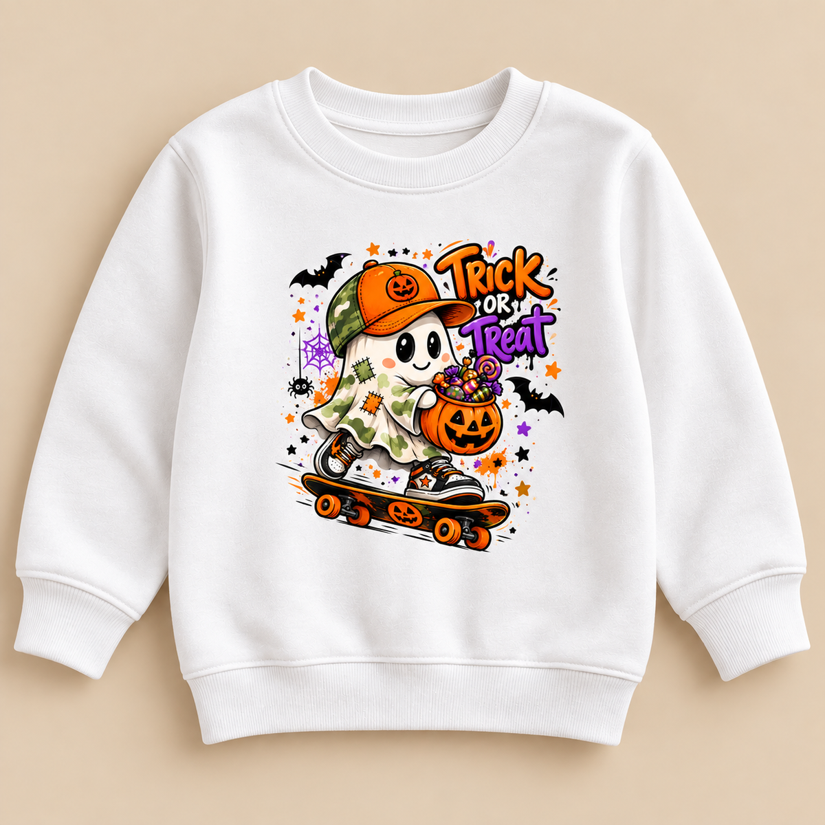 Sweatshirt de criança de Halloween com fantasma de boné laranja num skate e a frase Trick or Treat