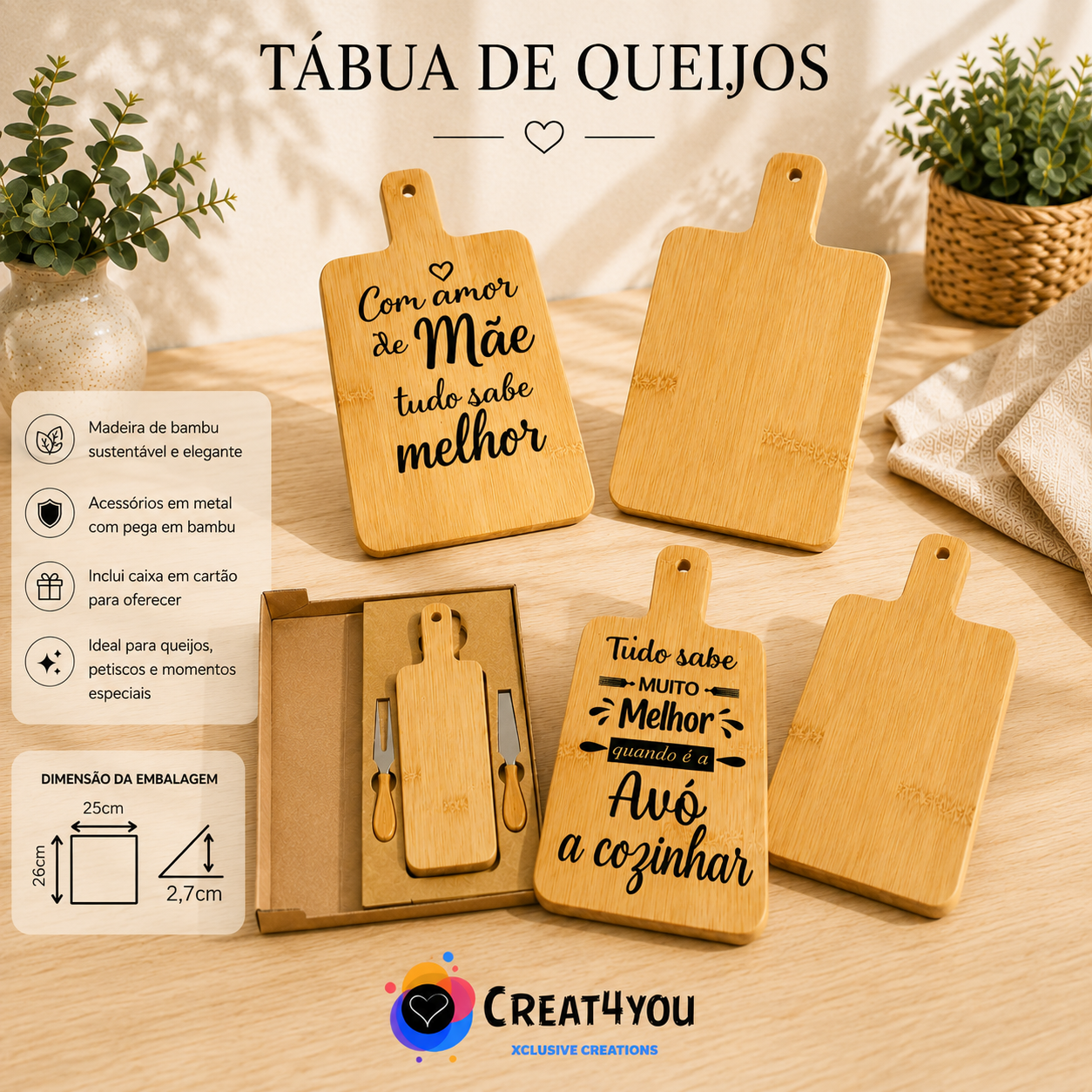 Tábua de Queijos Personalizada em Bambu | Presente Único