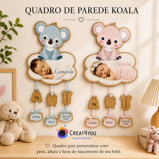 Quadro Koala Personalizado com Dados do Nascimento do Bebé