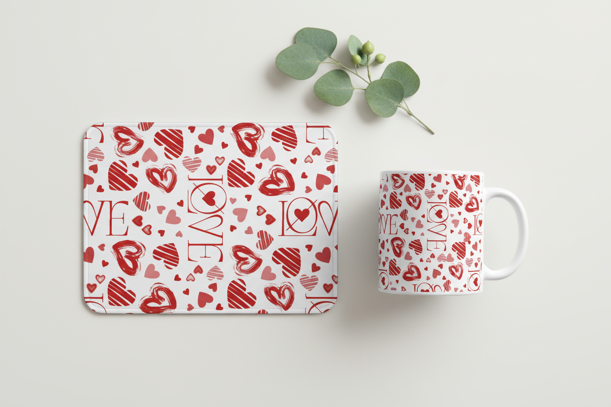 Duo Mug Mousepad Love Red Hearts