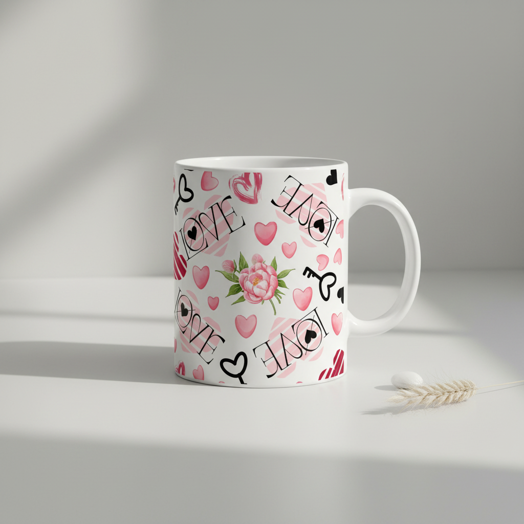 Mockup Caneca Love Keys Peony Pattern