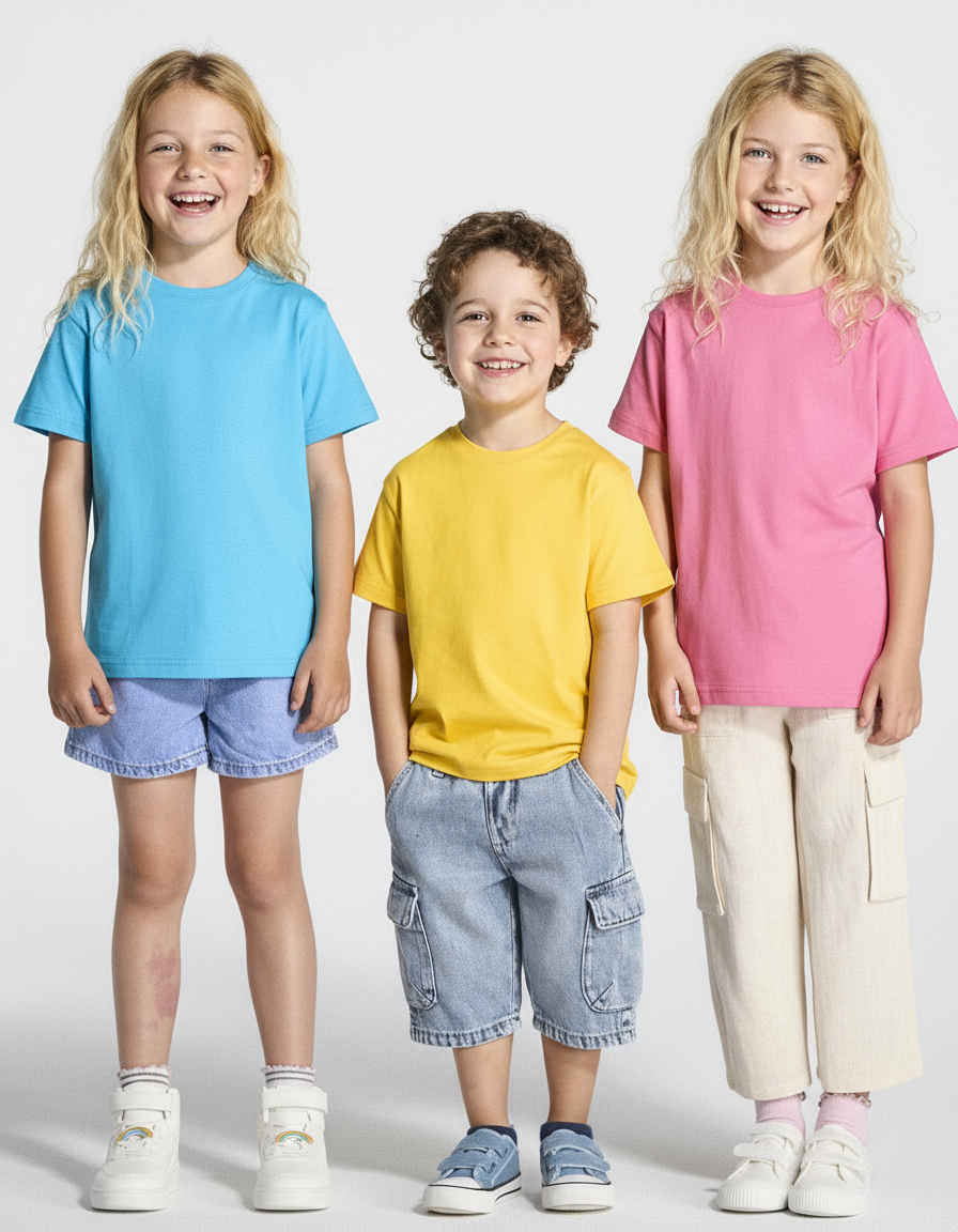 Três crianças com t-shirts coloridas - fundo claro